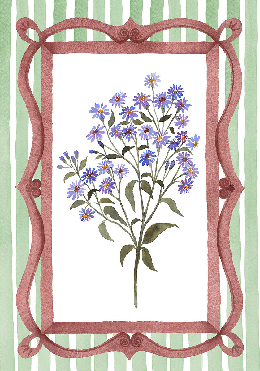 Asters in an Ornate Frame - Sage Green Stripes Plakat