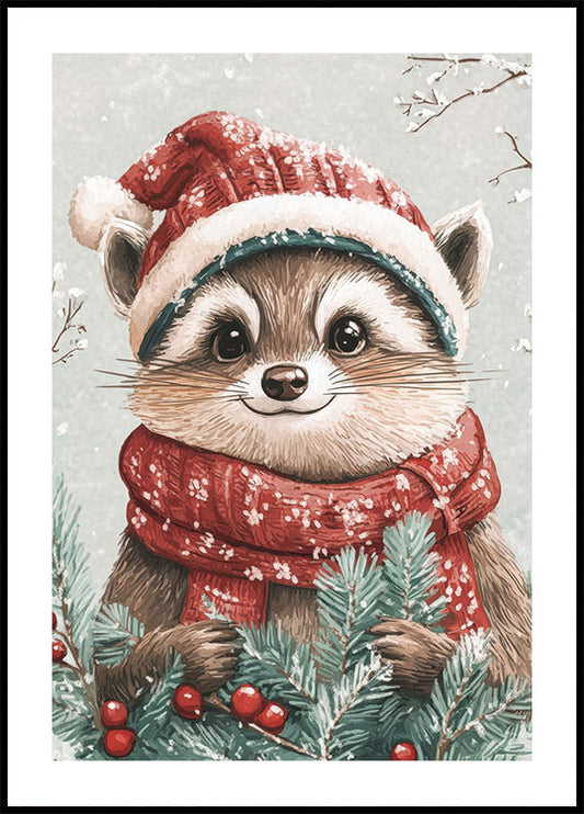 Festive Raccoon with Santa Hat Plakat