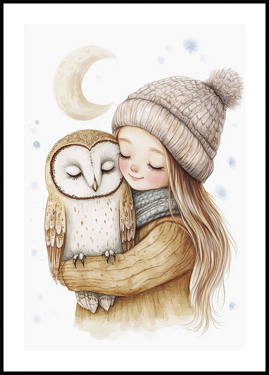 Watercolor Little Girl with an Owl Plakat