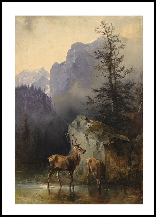 Hirsch Und Tier An Der Tränke By Friedrich Gauermann Plakat