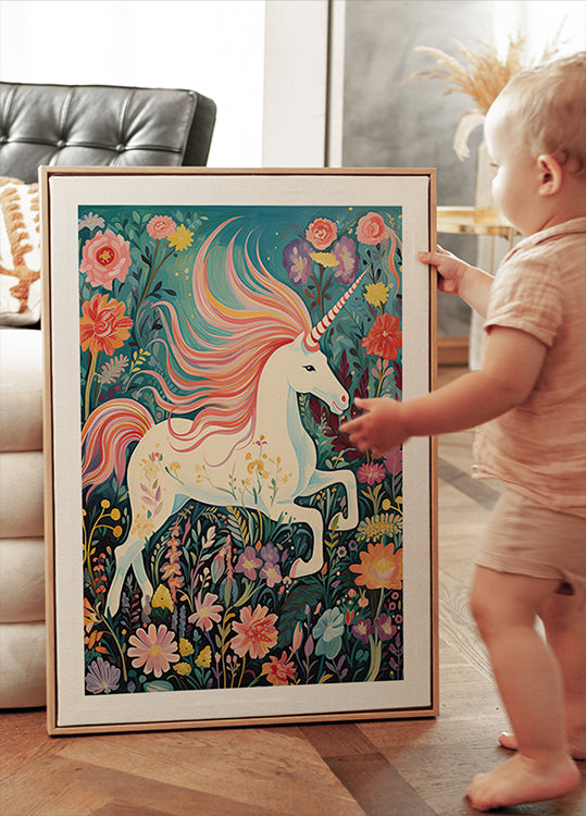 Magical Unicorn In Floral Meadow Plakat