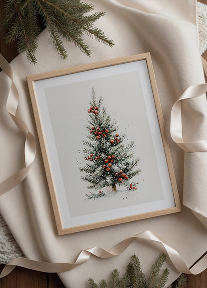 Watercolor Christmas Tree with Red Berries Plakat