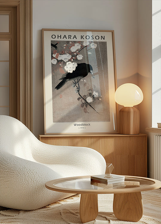 Woodblock, Crow on Cherry Blossom Branch By Ohara Koson Plakat