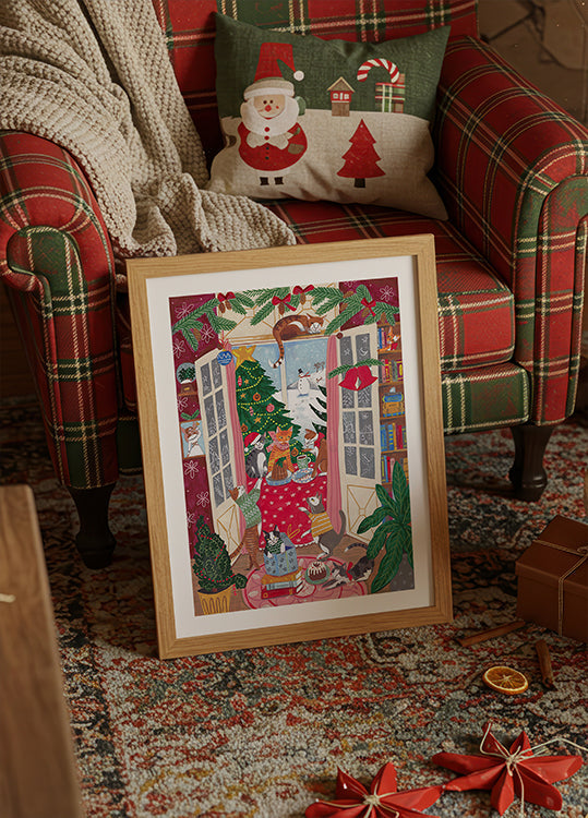 Cats in the Window at a Snowy Christmas in Bright Colours Plakat