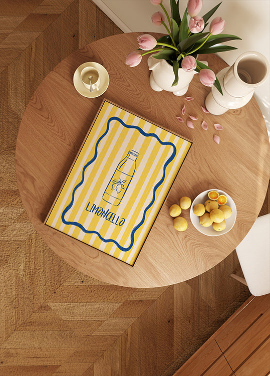 Limoncello, Lemon Bottle On Yellow Striped Plakat
