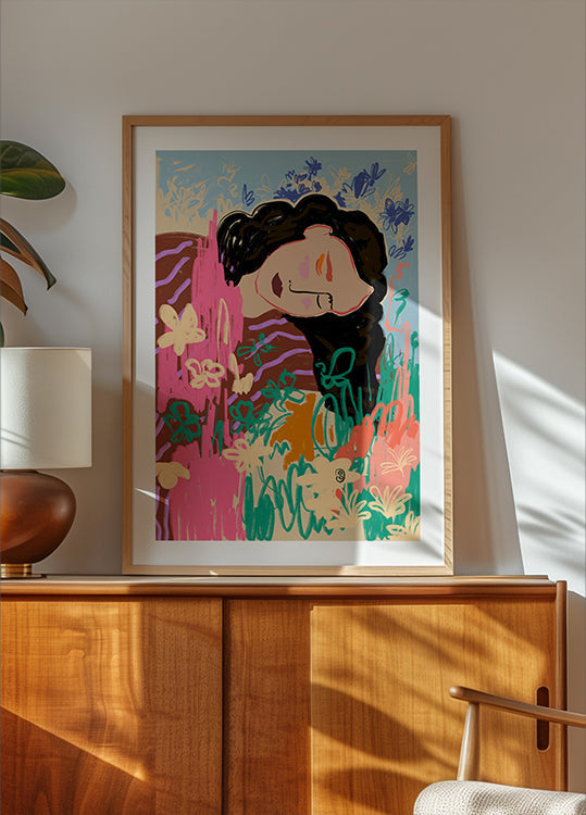 Expressive Figure Surrounded By Colorful Flowers Plakat