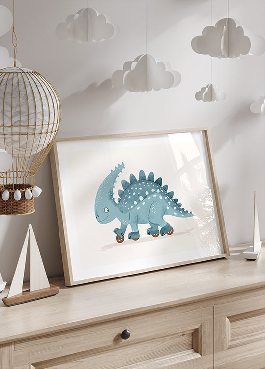 Blue Dinosaur on Wheels Plakat