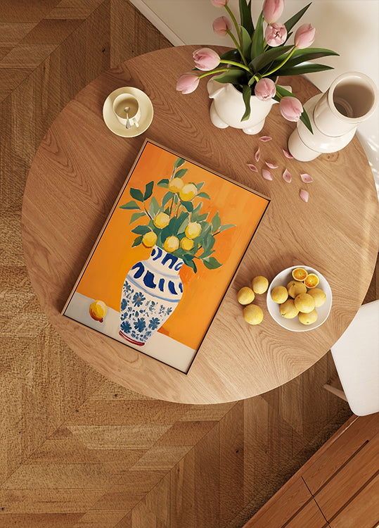 Citrus Bouquet, Lemons in a Blue Floral Vase Plakat