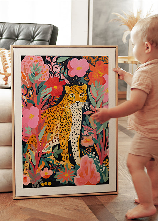 Colorful Leopard and Flowers Plakat