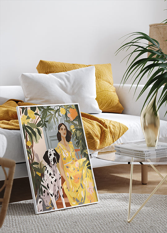 Lady in Yellow with Dalmatian, floral summer portrait Print Plakat