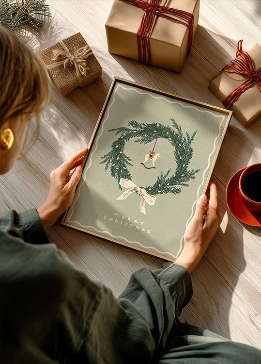 Horses toy on Christmas wreath with bow Plakat