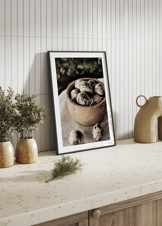 Quail Eggs in Rustic Wooden Bowl Plakat