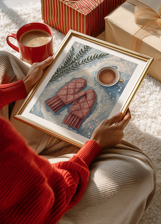 Handschuhe im Schnee mit Kakao Plakat