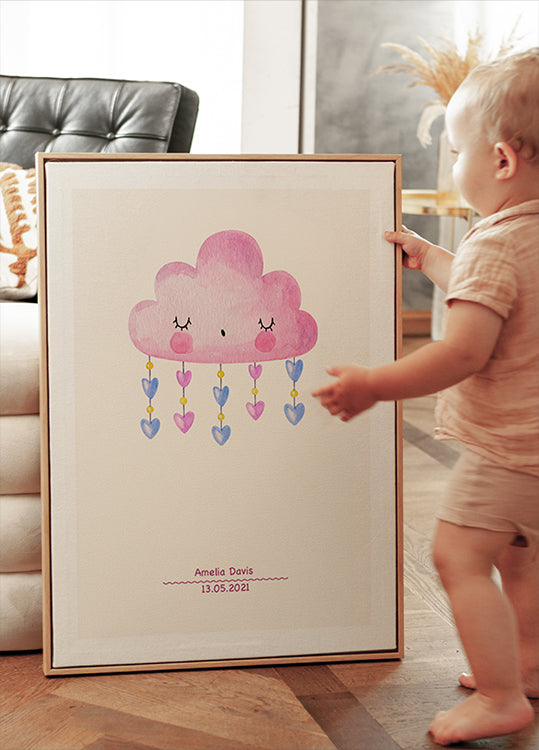 Pink Watercolor Cloud, Personalized Baby girl Plakat