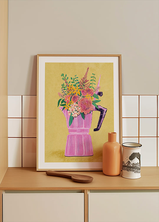 Espresso Maker with Flowers Plakat