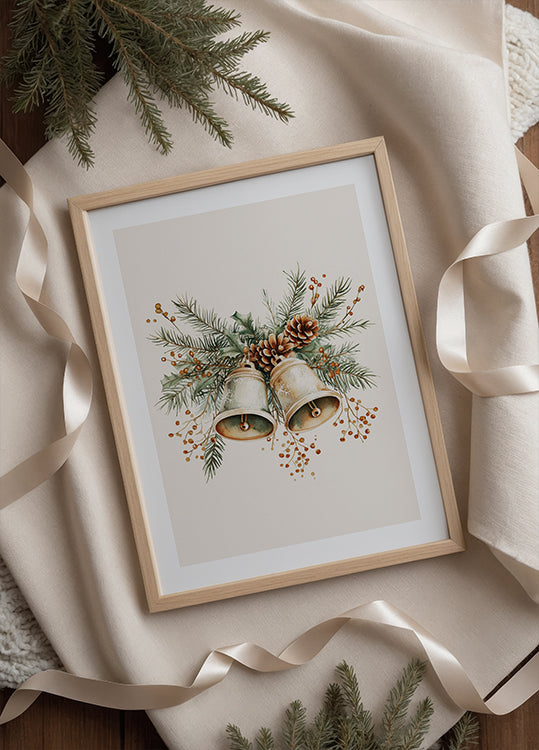 Watercolor Christmas Bells with Pinecones and Berries Plakat