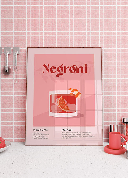 Negroni Cocktail Plakat, Minimalist Drink Recipe Plakat