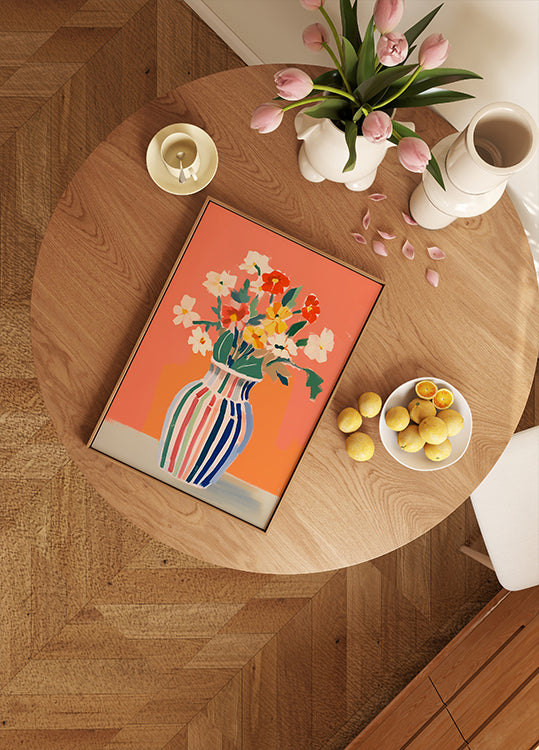 Wildflowers, Striped Vase, Coral Background Plakat