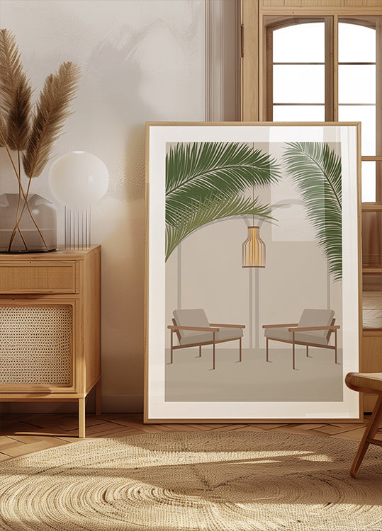 Free Your Mind 1, Modern Tropical Lounge with Palm Leaves and Chairs Plakat