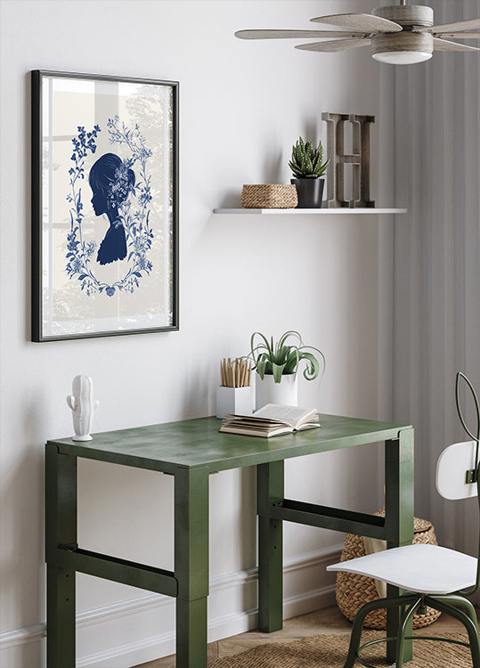 Floral Silhouette, Girl in Bloom, Indigo Botanical Plakat