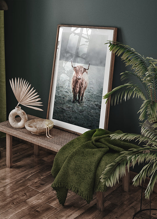 Majestic Highland Cow in Misty Field Plakat