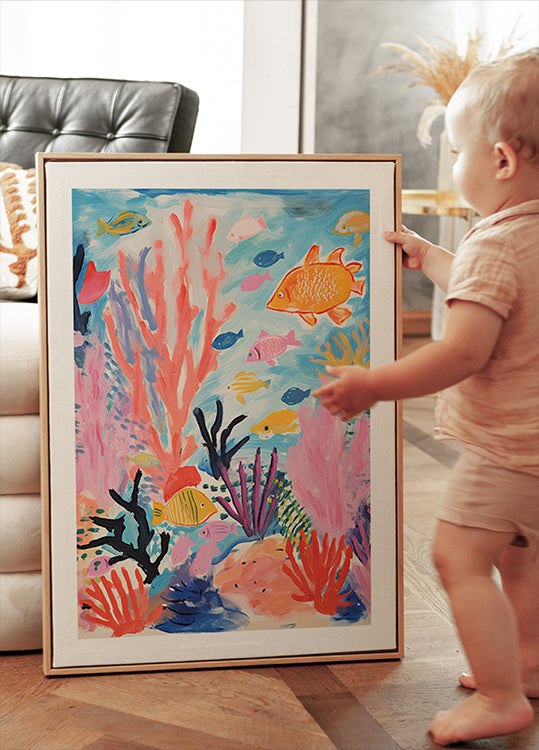 Colorful Coral Reef, Tropical Fish and Sea Plants, Kids Plakat