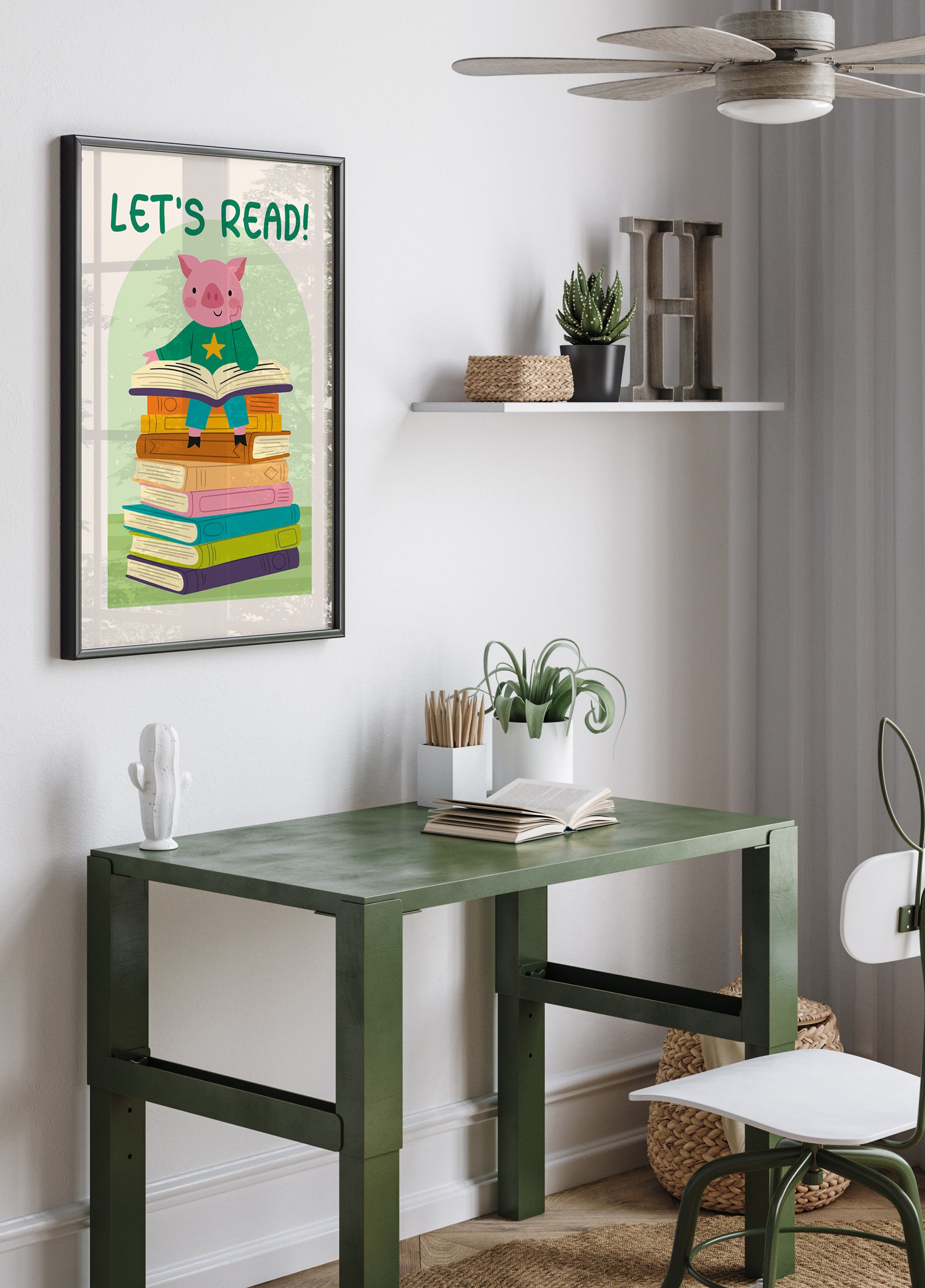 Pig Reading On Book stack, Let’s Read Plakat