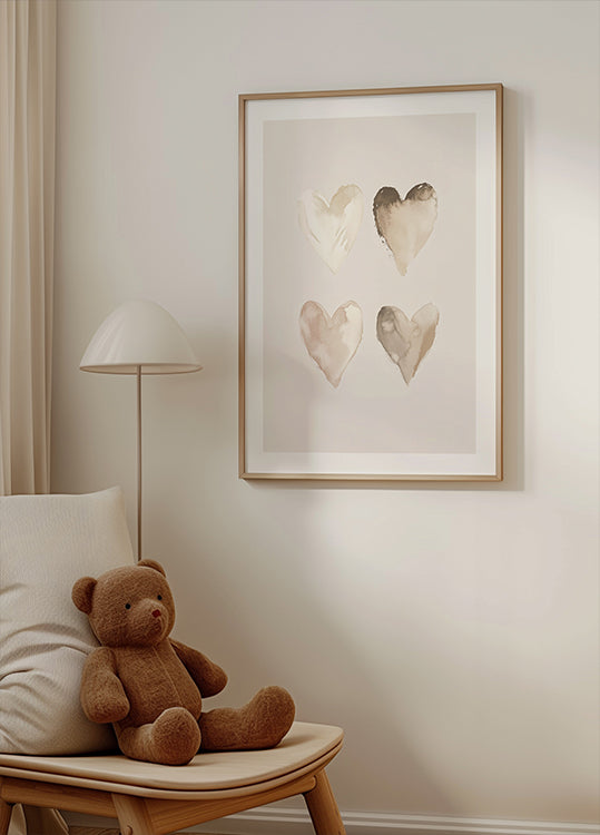 Neutral Watercolor Hearts, Beige Tones, Kids Plakat