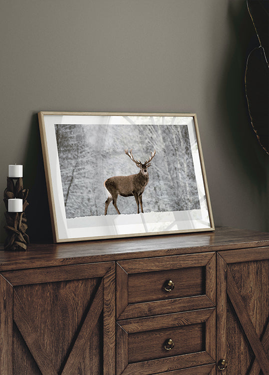 Majestic Deer in Snowy Forest Plakat