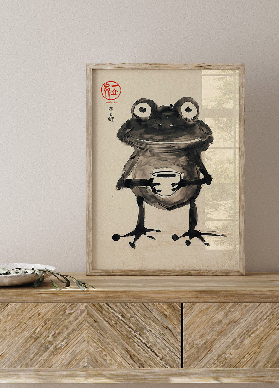 Zen Frog with Tea, Japanese Ink Art Plakat