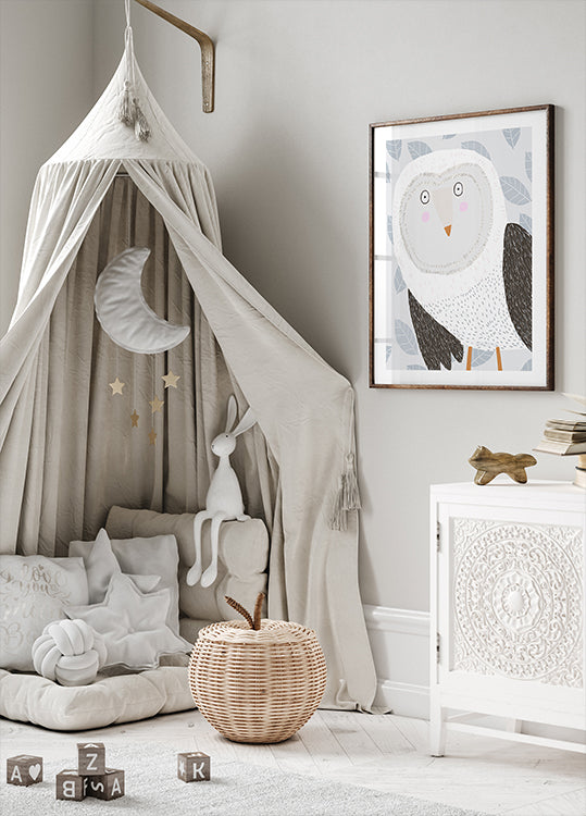 Funny Winter Owl with Grey Leaf Pattern by Artist Carla Daly Plakat