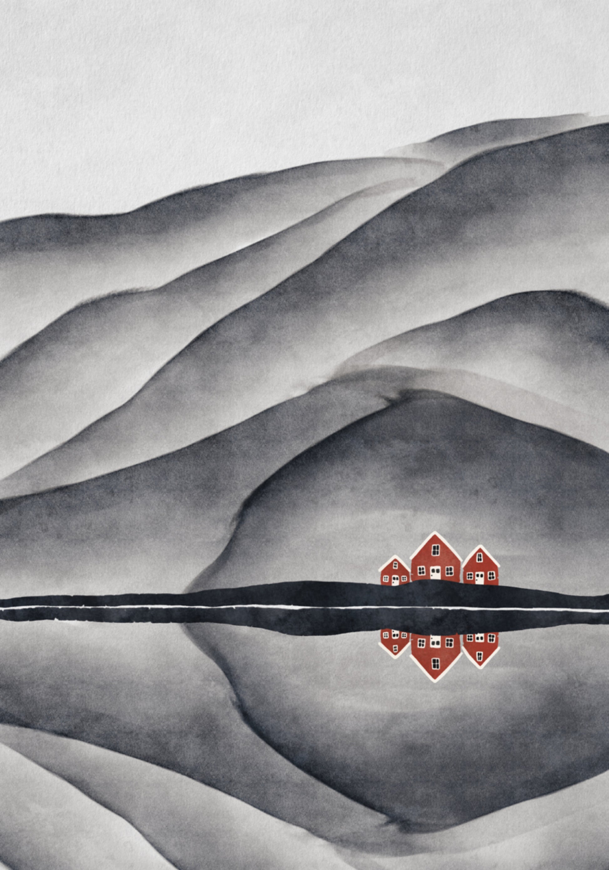 Red Houses Lake Reflection