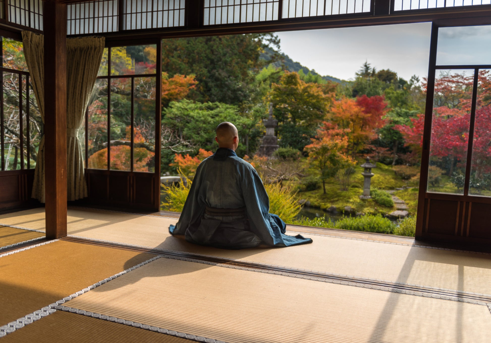 Monk Meditates Autumn Garden