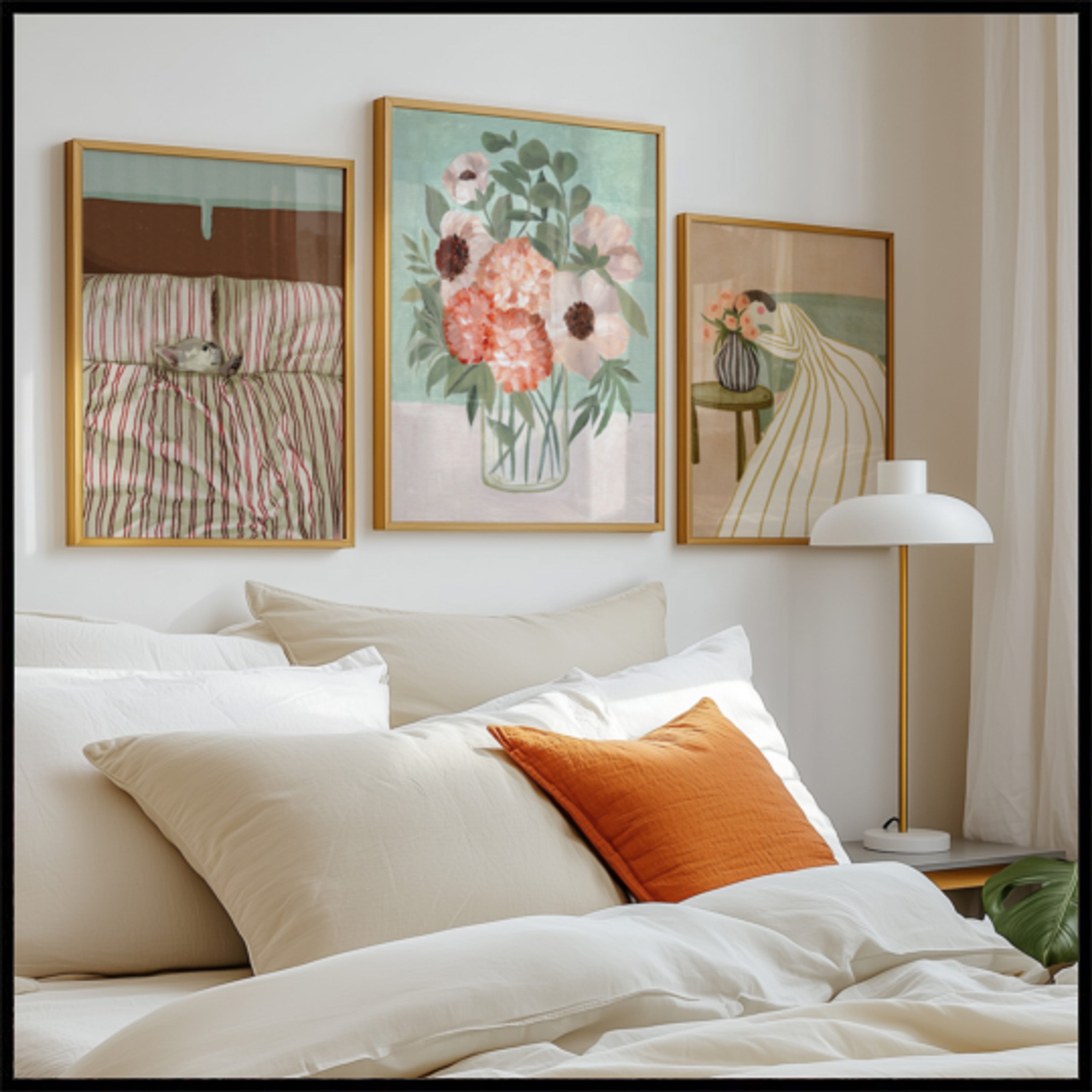 Blomster- og figurativ kunst til soveromsgardin