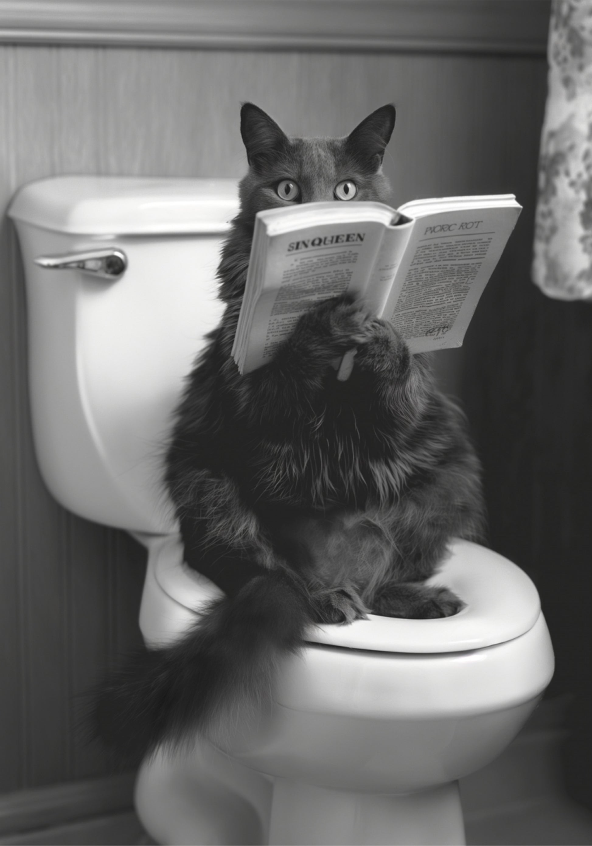 Cat Reading on Toilet