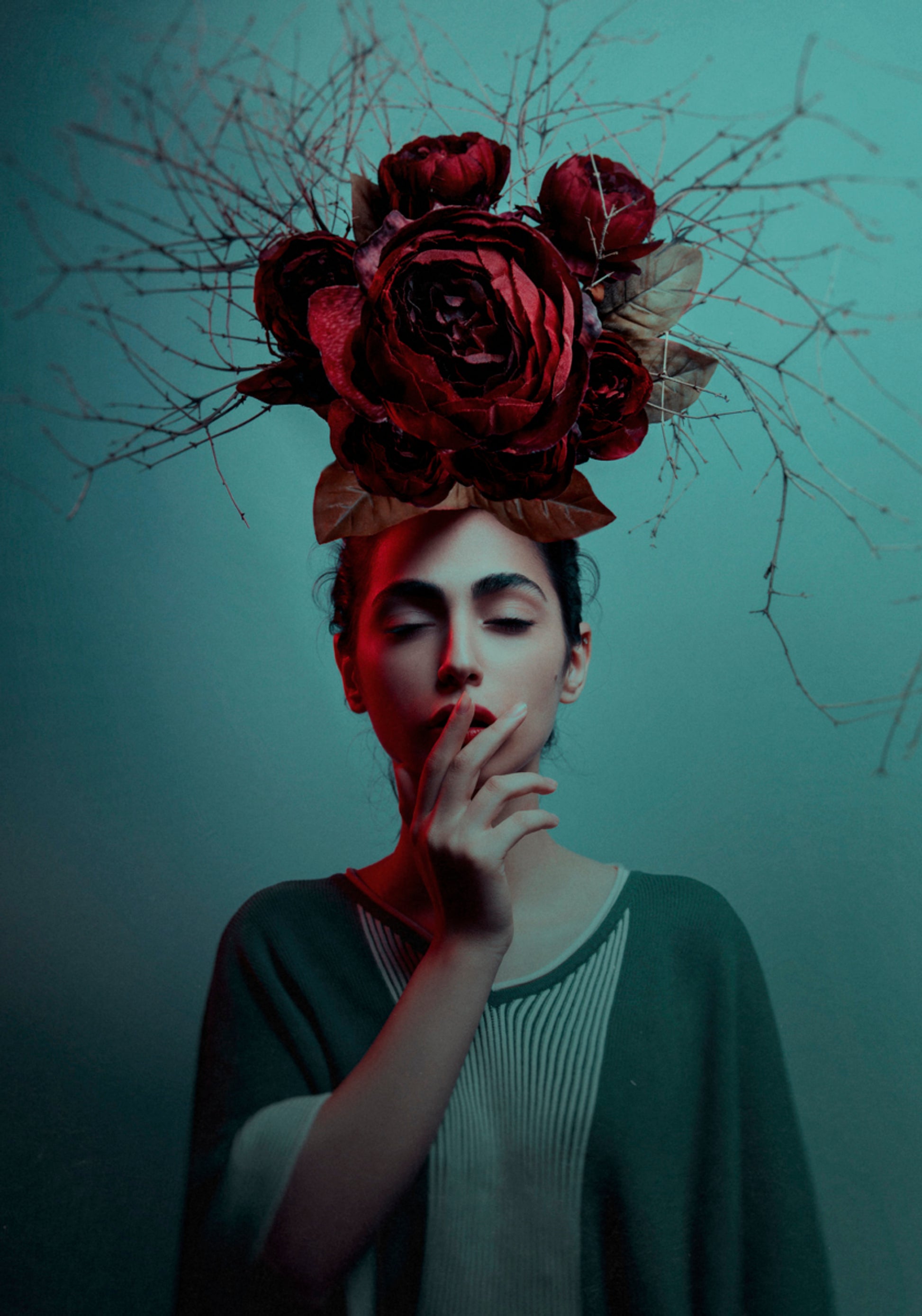 Pensive Woman Red Roses